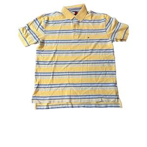 Title: TOMMY HILFIGER Men's Polo Shirt Large Yellow Blue Striped Classic Preppy